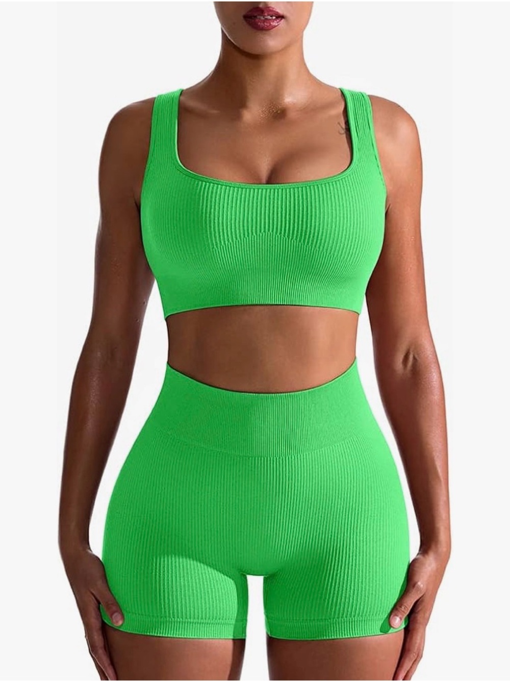 Seamless Ribbed Crop Tank & High-Waist Bike Shorts Set - Neon Green